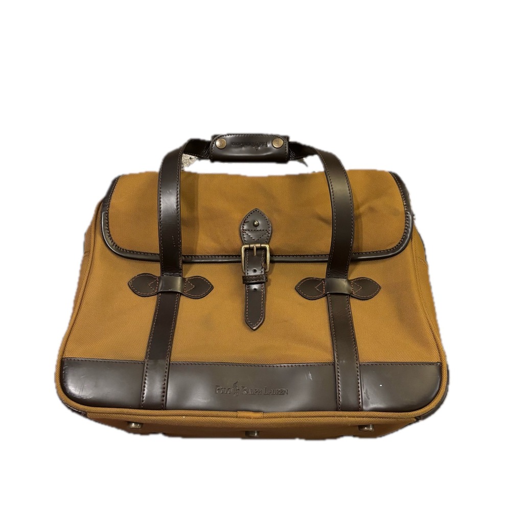 Polo Ralph Lauren Tan Canvas Brown Leather Briefcase Satchel Messenger Bag